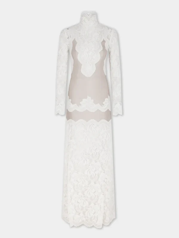 ivory long dress in lace and jersey