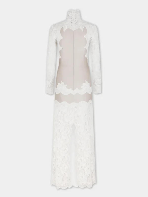 ivory long dress in lace and jersey