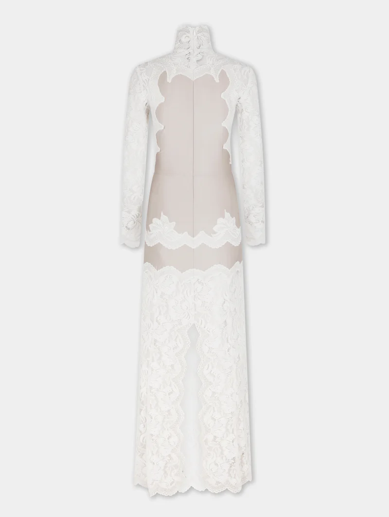 Ivory long dress in lace and jersey