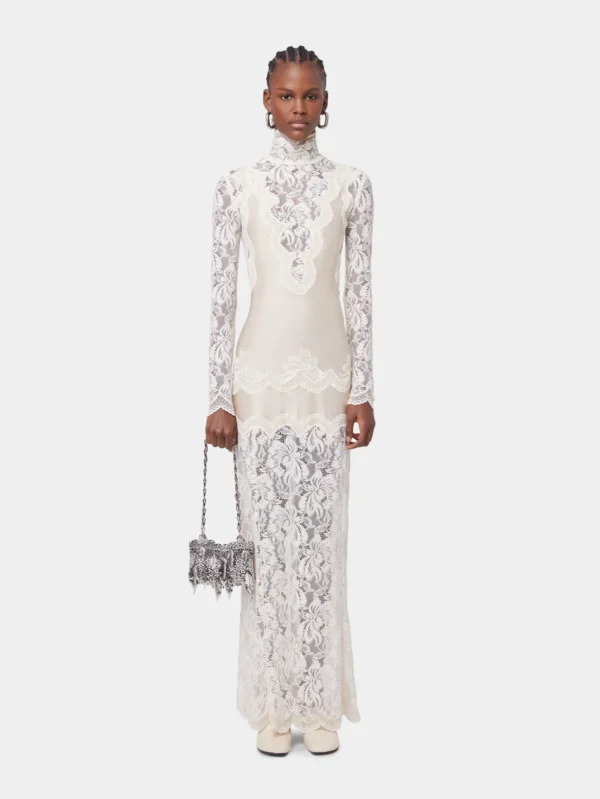 ivory long dress in lace and jersey