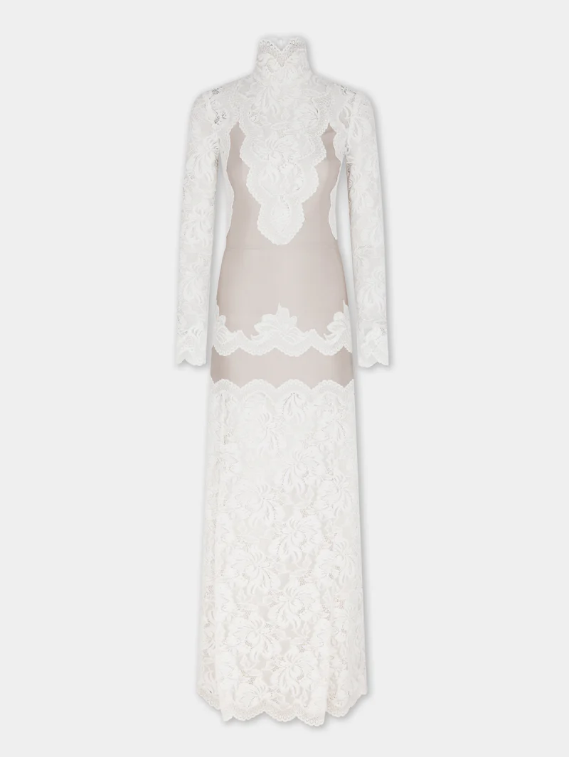 Ivory long dress in lace and jersey