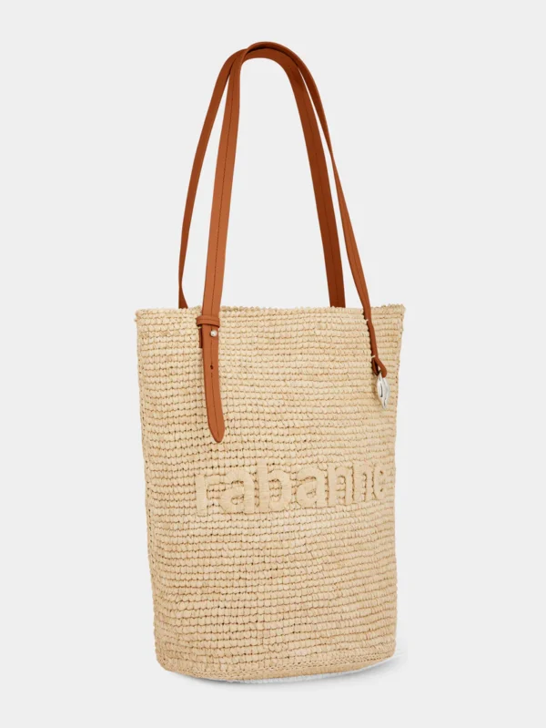 beige raffia tote bag avec logo