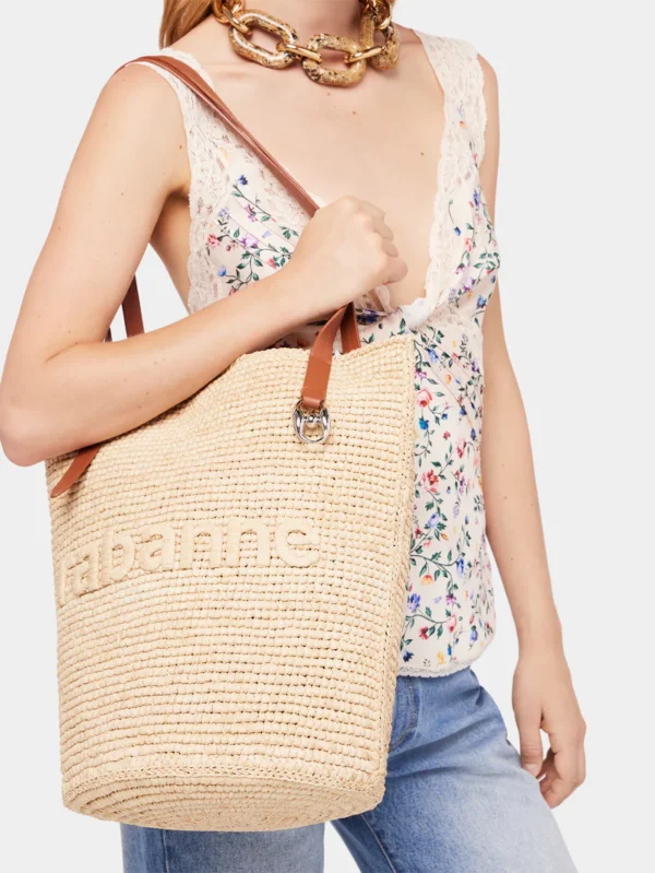 beige raffia tote bag avec logo