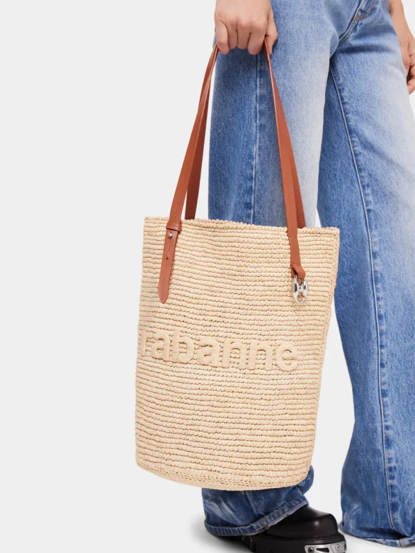 beige raffia tote bag avec logo